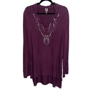 XCVI Top Womens Large Studded Embellished Tie Neck Purple Tunic Shirt Boho Fairy